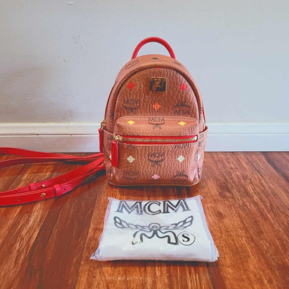 MCM Skyoptic Visetos X-Mini Stark Bebe Boo Backpack Cognac